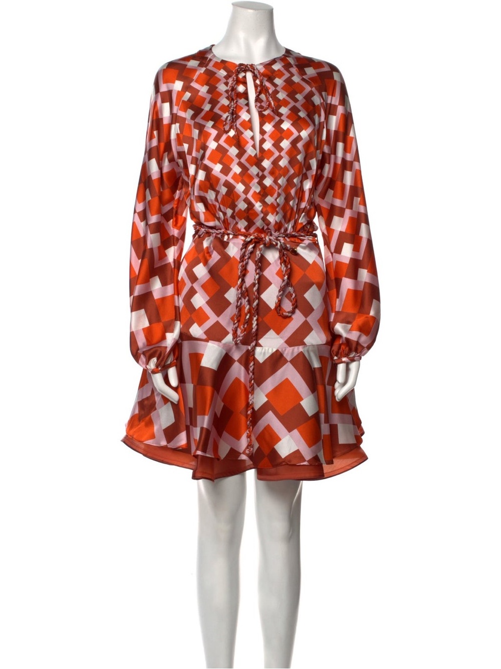 Silvia Tcherassi Silk Geometric Orange Brown Pink Belted Mini Dress Size Large